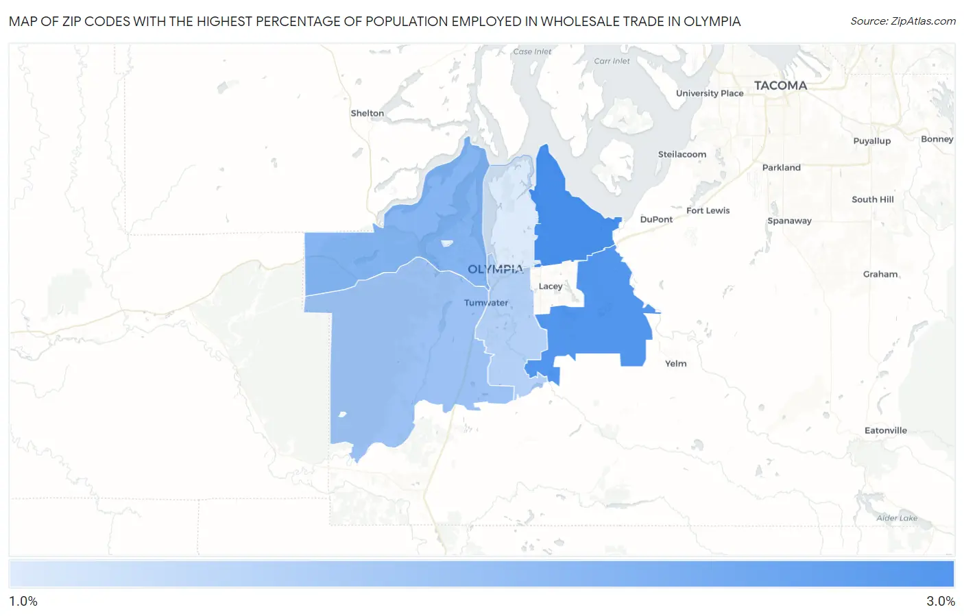 Zip Codes with the Highest Percentage of Population Employed in Wholesale Trade in Olympia Map