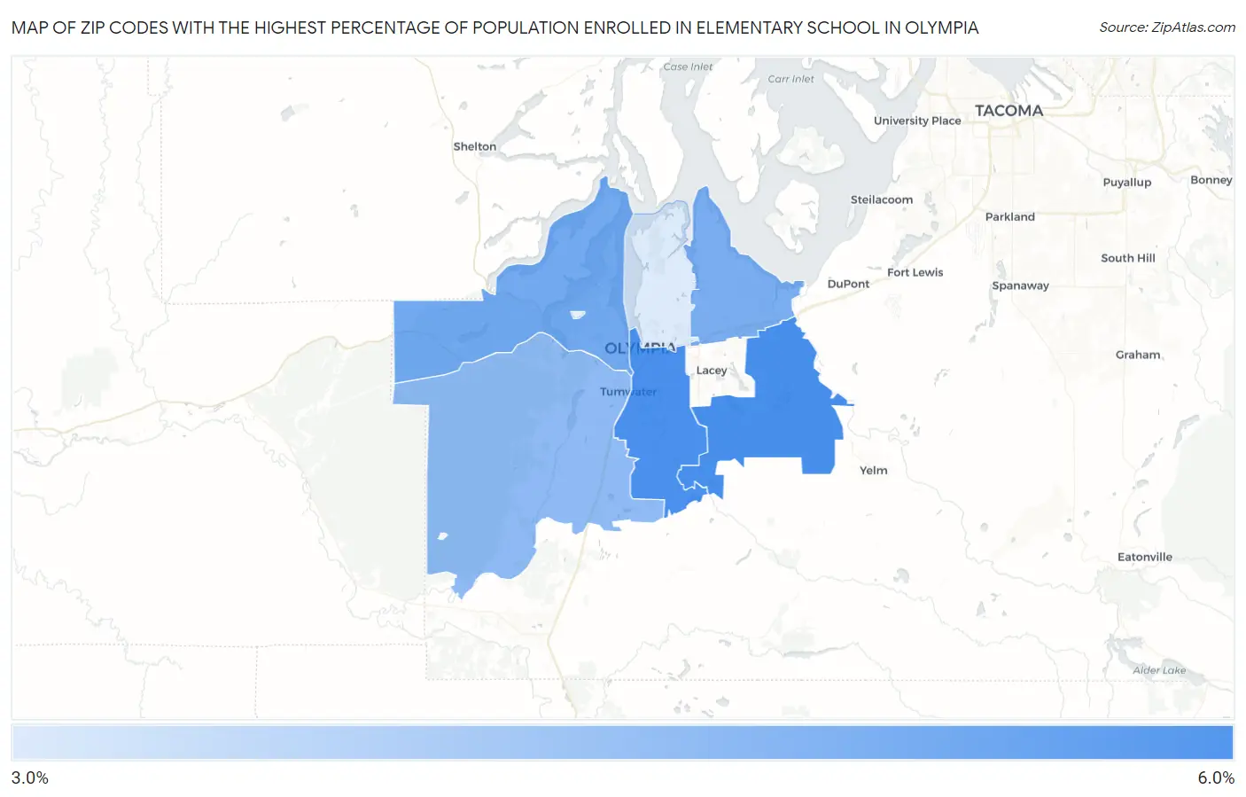Zip Codes with the Highest Percentage of Population Enrolled in Elementary School in Olympia Map
