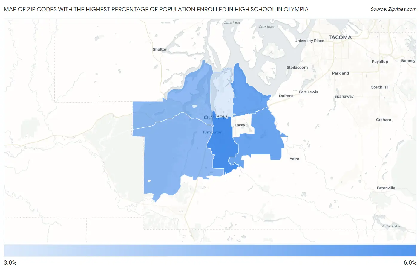 Zip Codes with the Highest Percentage of Population Enrolled in High School in Olympia Map