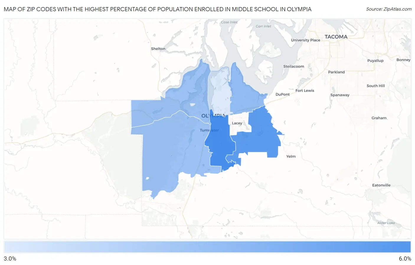 Zip Codes with the Highest Percentage of Population Enrolled in Middle School in Olympia Map