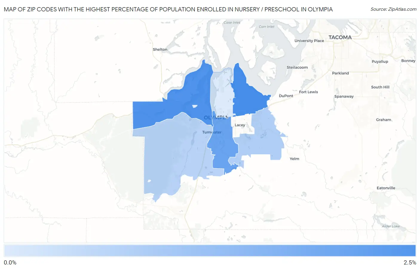Zip Codes with the Highest Percentage of Population Enrolled in Nursery / Preschool in Olympia Map