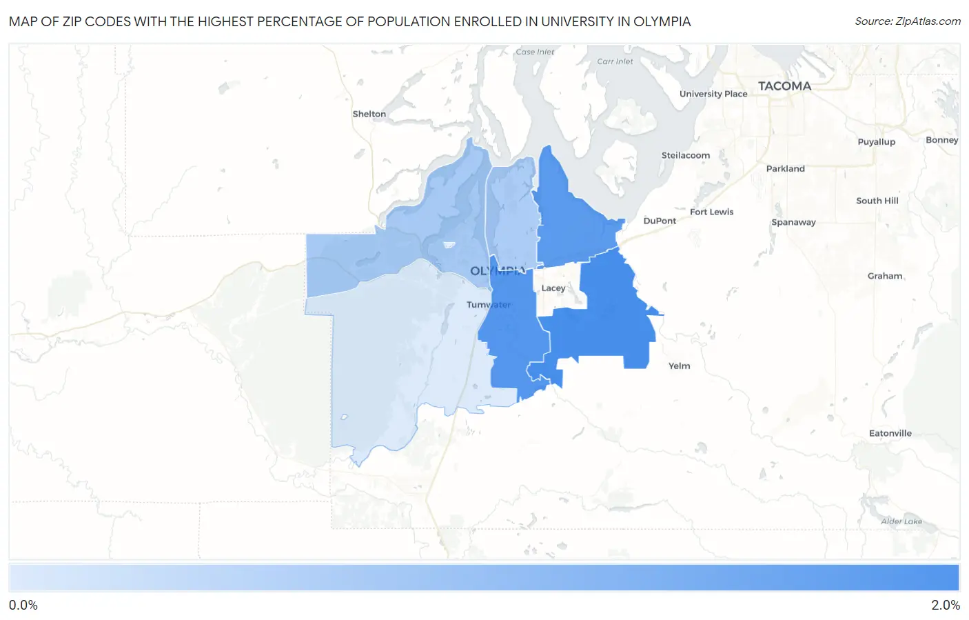 Zip Codes with the Highest Percentage of Population Enrolled in University in Olympia Map
