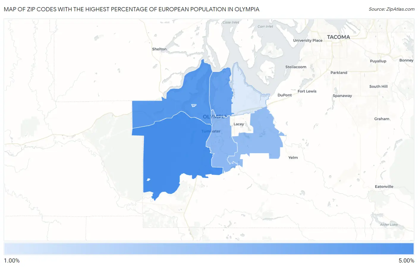 Zip Codes with the Highest Percentage of European Population in Olympia Map