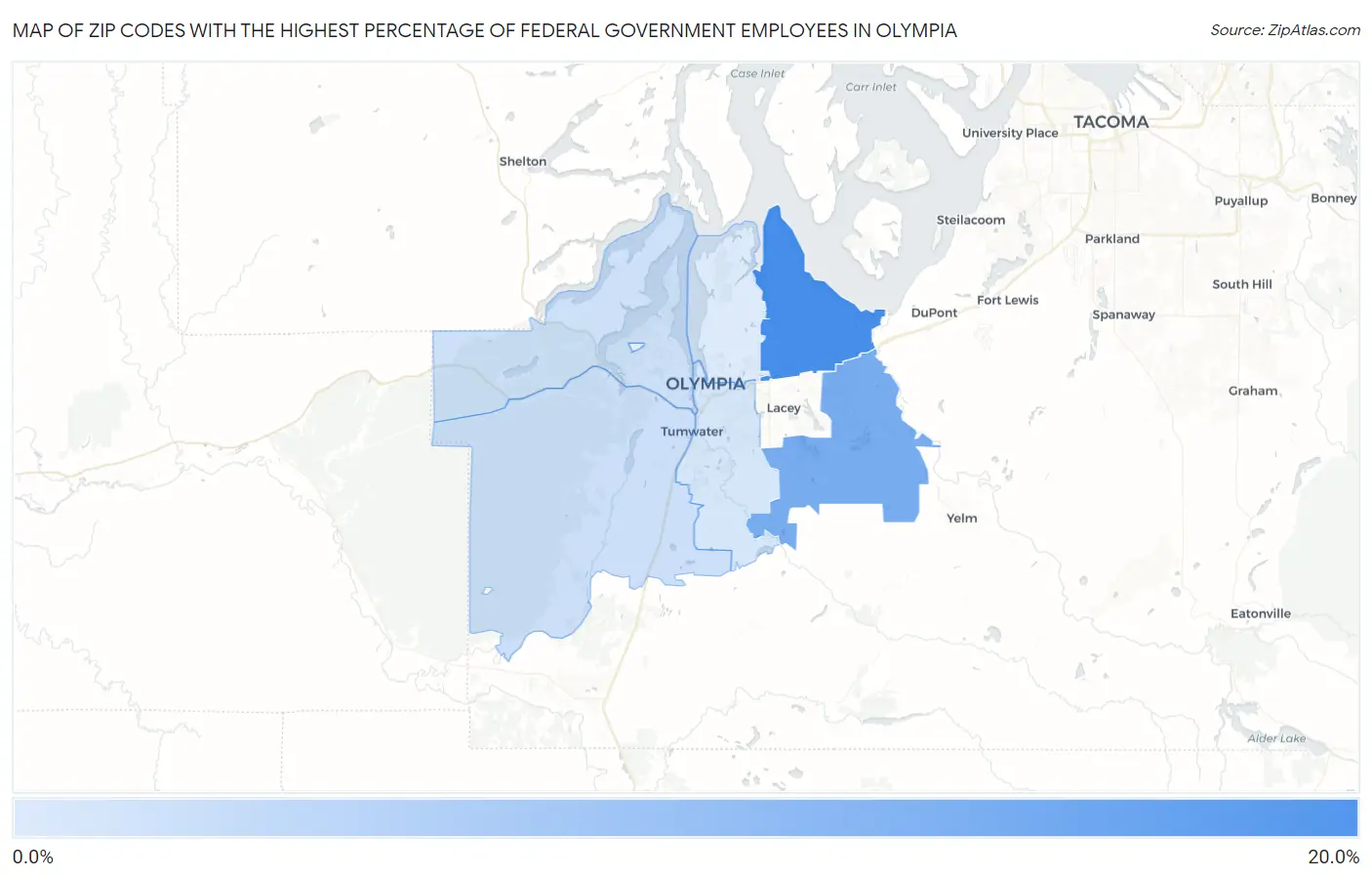 Zip Codes with the Highest Percentage of Federal Government Employees in Olympia Map