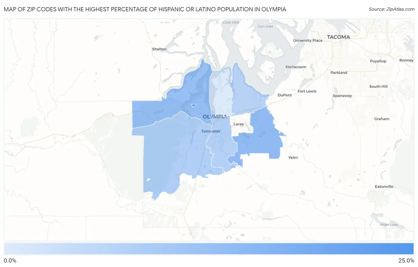 Zip Codes with the Highest Percentage of Hispanic or Latino Population in Olympia Map
