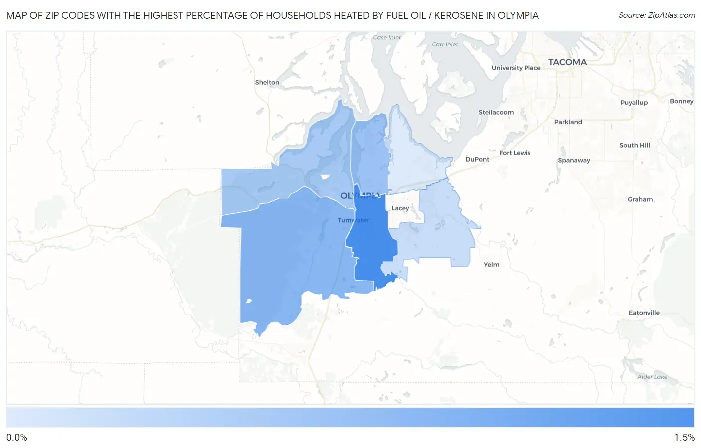 Zip Codes with the Highest Percentage of Households Heated by Fuel Oil / Kerosene in Olympia Map