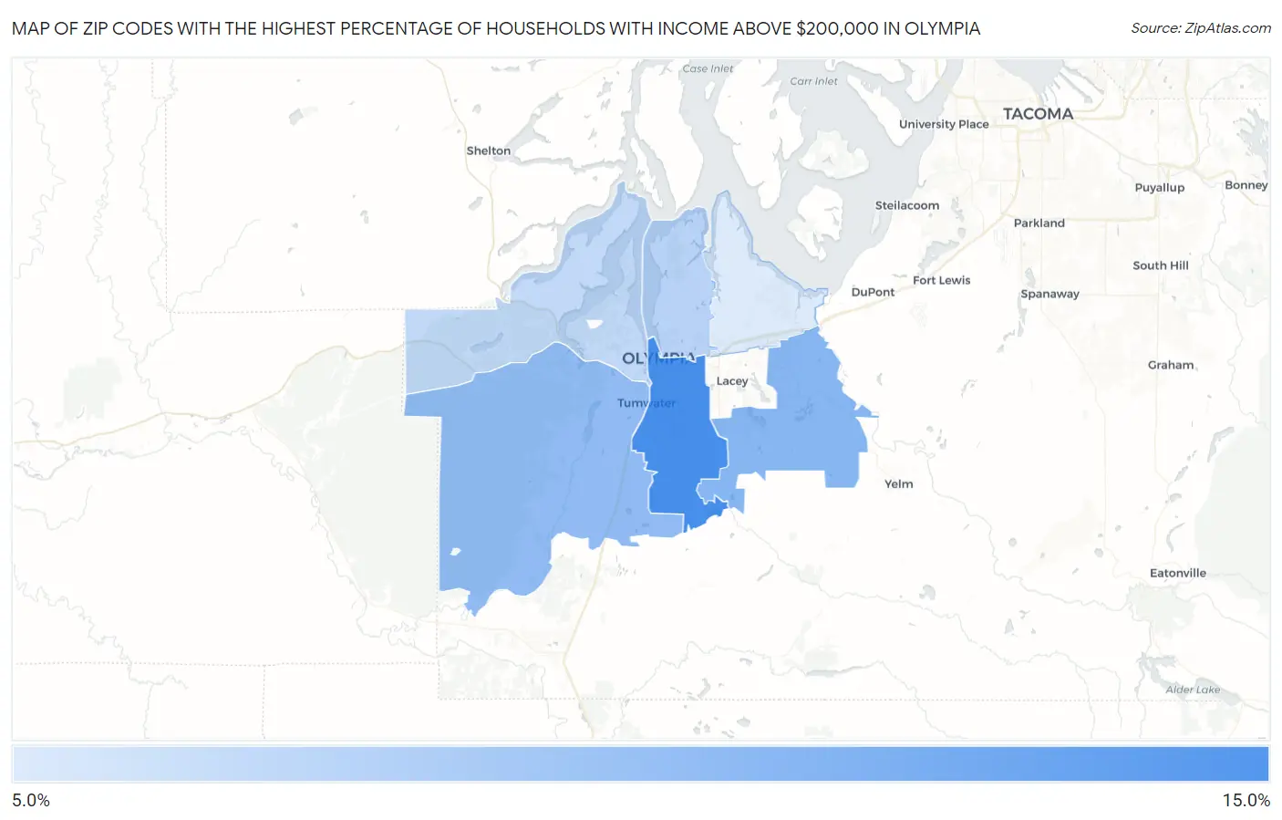 Zip Codes with the Highest Percentage of Households with Income Above $200,000 in Olympia Map