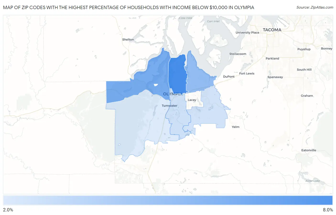 Zip Codes with the Highest Percentage of Households with Income Below $10,000 in Olympia Map
