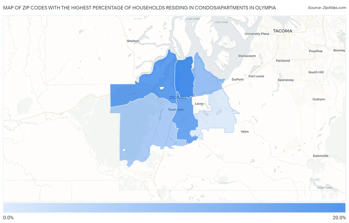 Zip Codes with the Highest Percentage of Households Residing in Condos/Apartments in Olympia Map