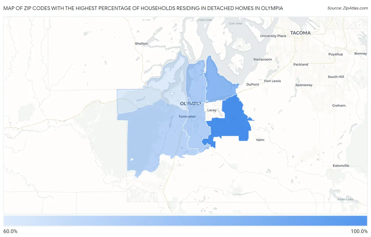 Zip Codes with the Highest Percentage of Households Residing in Detached Homes in Olympia Map