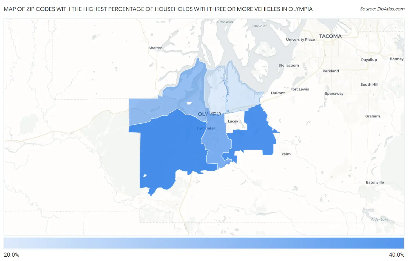 Zip Codes with the Highest Percentage of Households With Three or more Vehicles in Olympia Map