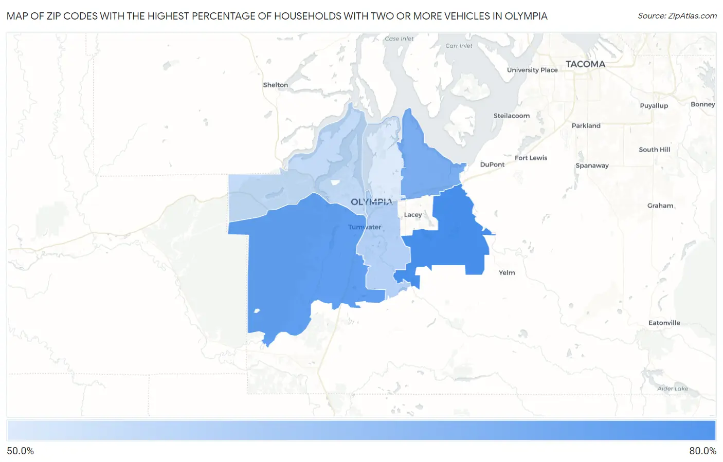 Zip Codes with the Highest Percentage of Households With Two or more Vehicles in Olympia Map