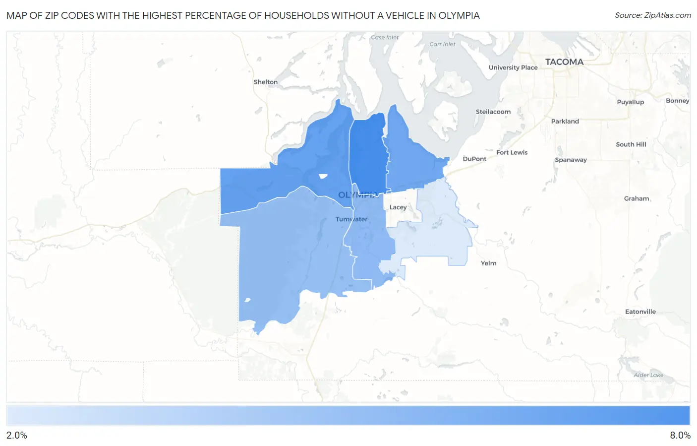Zip Codes with the Highest Percentage of Households Without a Vehicle in Olympia Map