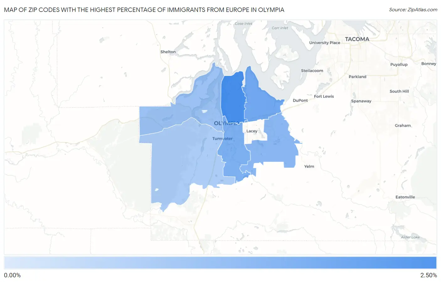 Zip Codes with the Highest Percentage of Immigrants from Europe in Olympia Map