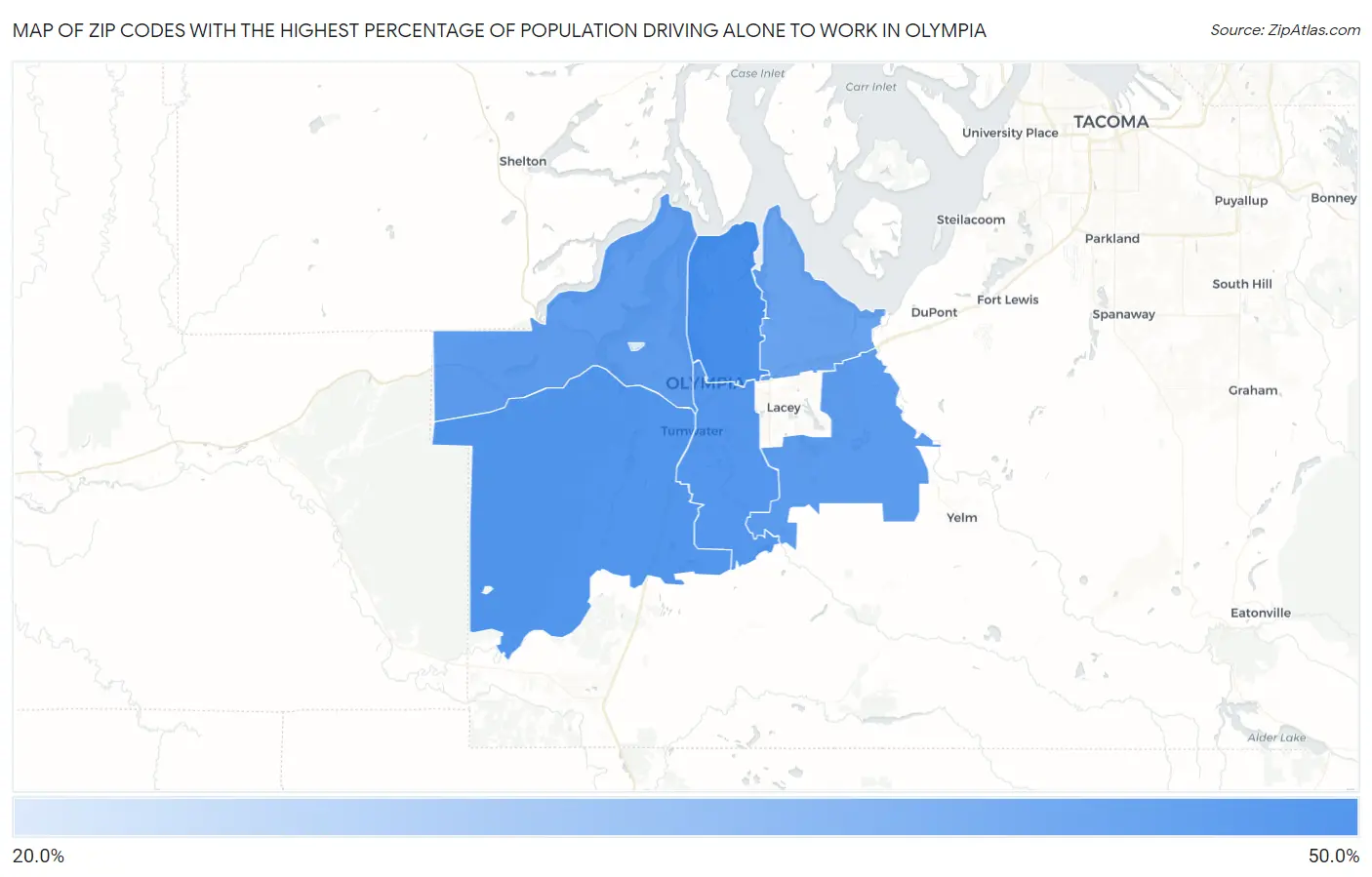 Zip Codes with the Highest Percentage of Population Driving Alone to Work in Olympia Map