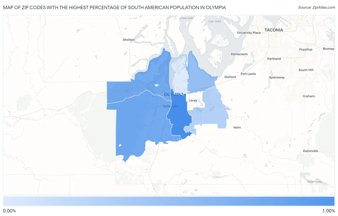 Zip Codes with the Highest Percentage of South American Population in Olympia Map