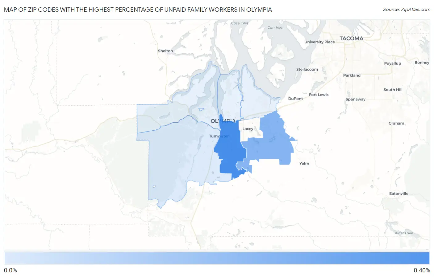 Zip Codes with the Highest Percentage of Unpaid Family Workers in Olympia Map