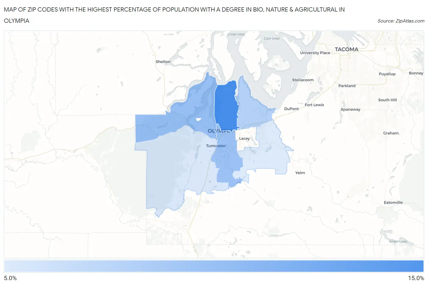 Zip Codes with the Highest Percentage of Population with a Degree in Bio, Nature & Agricultural in Olympia Map