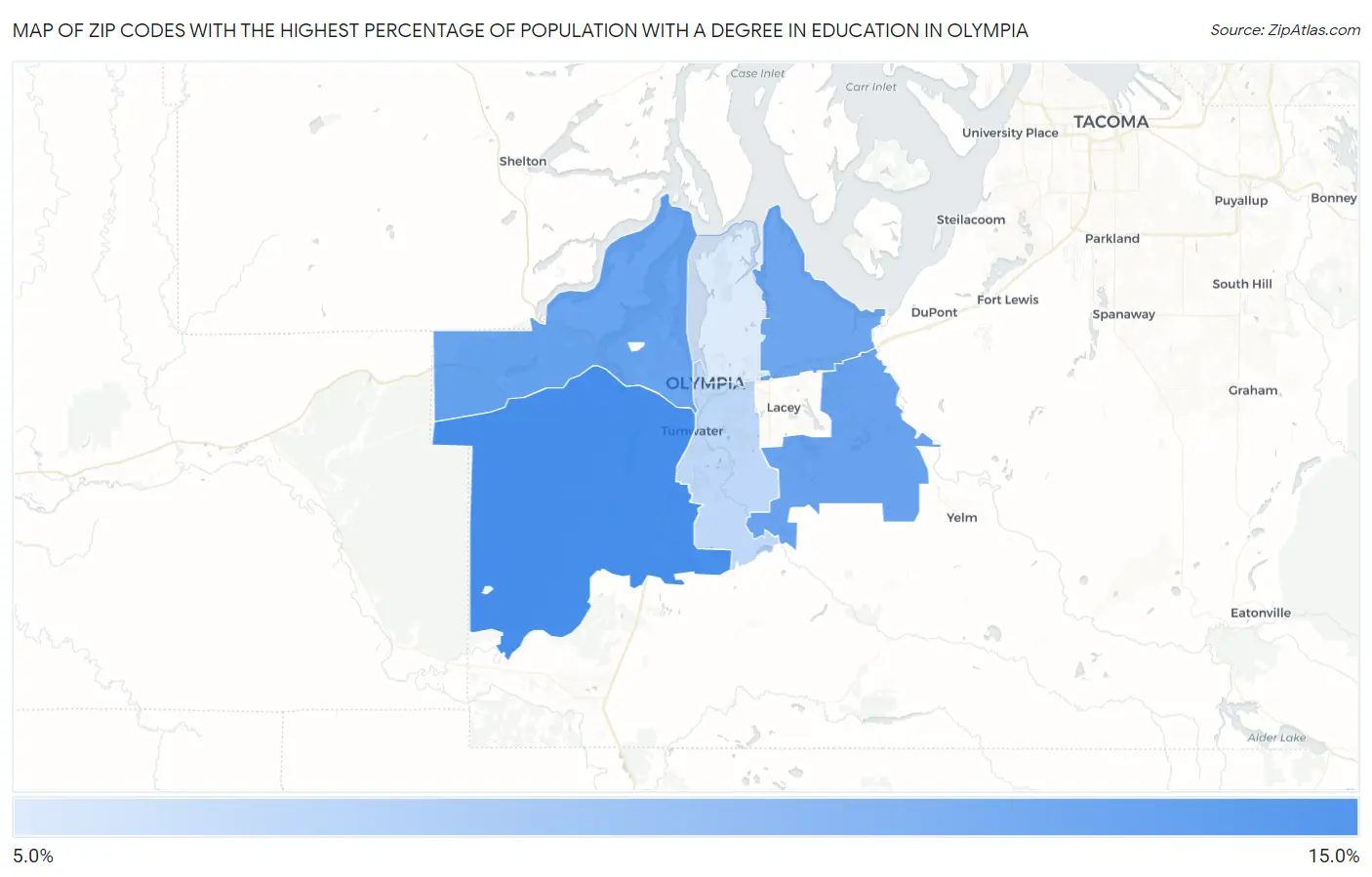 Zip Codes with the Highest Percentage of Population with a Degree in Education in Olympia Map