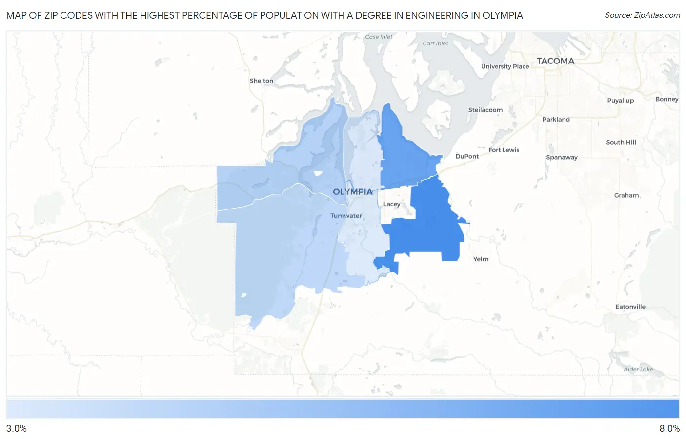 Zip Codes with the Highest Percentage of Population with a Degree in Engineering in Olympia Map