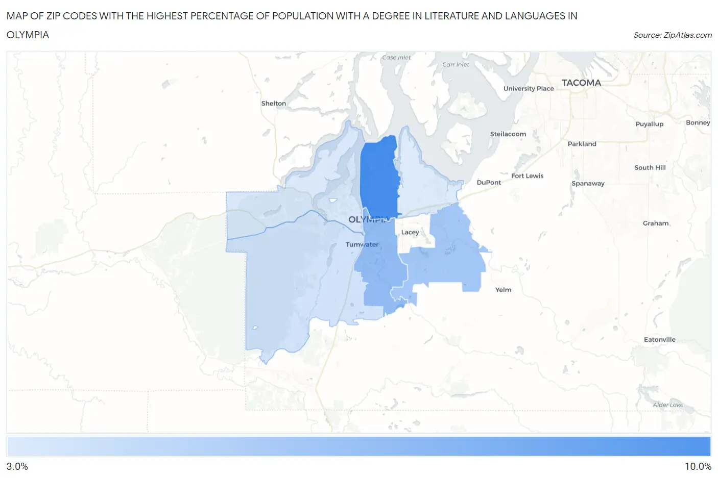 Zip Codes with the Highest Percentage of Population with a Degree in Literature and Languages in Olympia Map