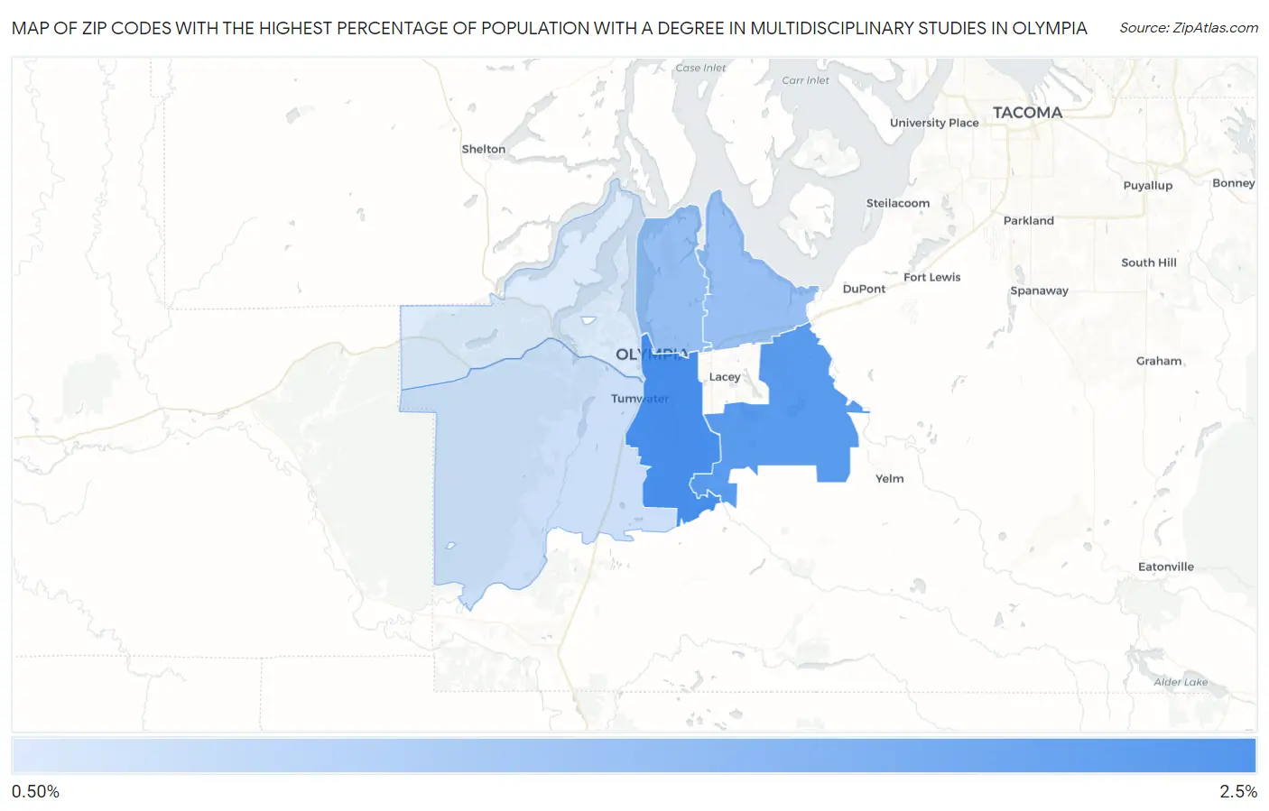 Zip Codes with the Highest Percentage of Population with a Degree in Multidisciplinary Studies in Olympia Map