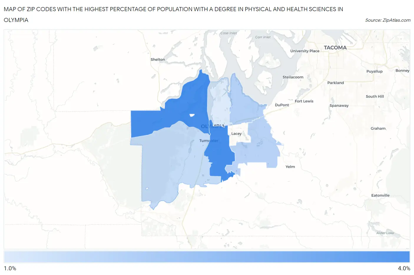 Zip Codes with the Highest Percentage of Population with a Degree in Physical and Health Sciences in Olympia Map