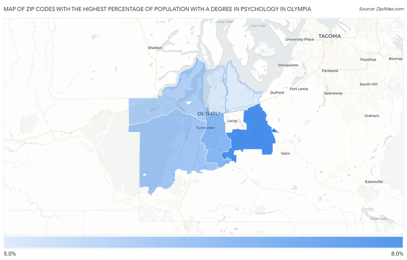 Zip Codes with the Highest Percentage of Population with a Degree in Psychology in Olympia Map