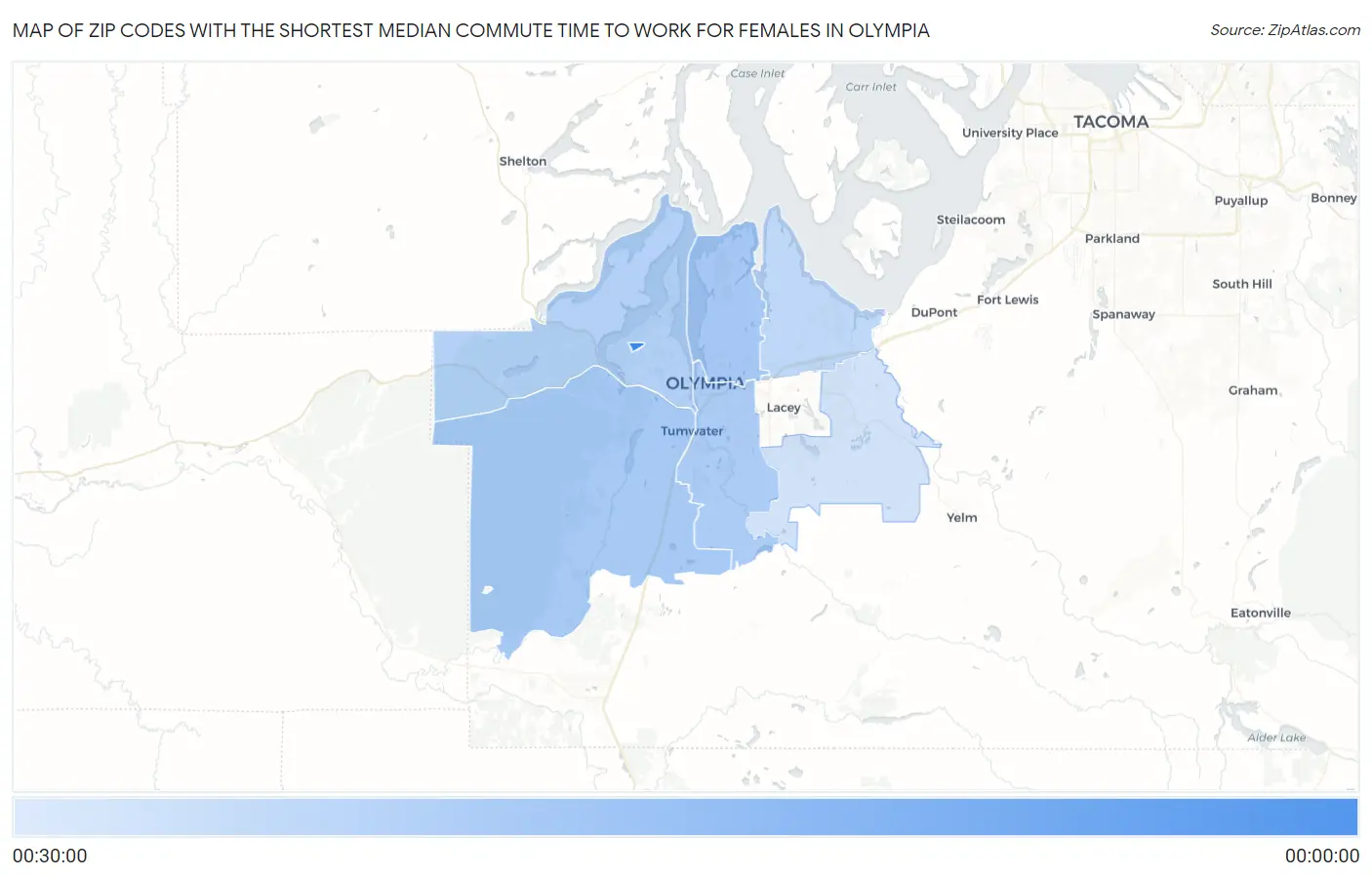 Zip Codes with the Shortest Median Commute Time to Work for Females in Olympia Map