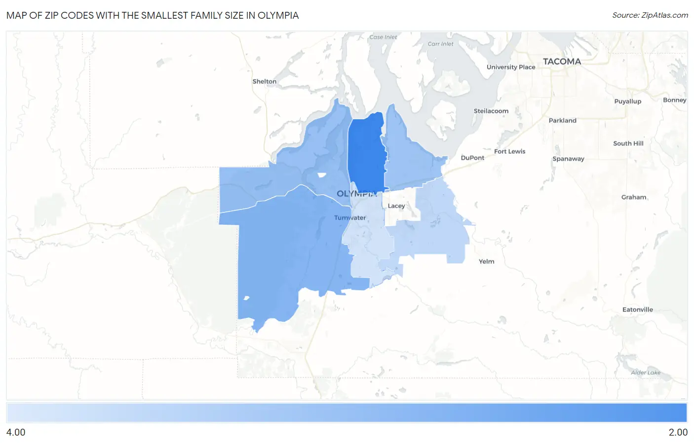 Zip Codes with the Smallest Family Size in Olympia Map