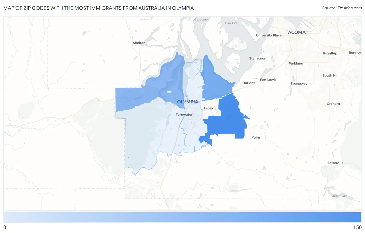 Zip Codes with the Most Immigrants from Australia in Olympia Map