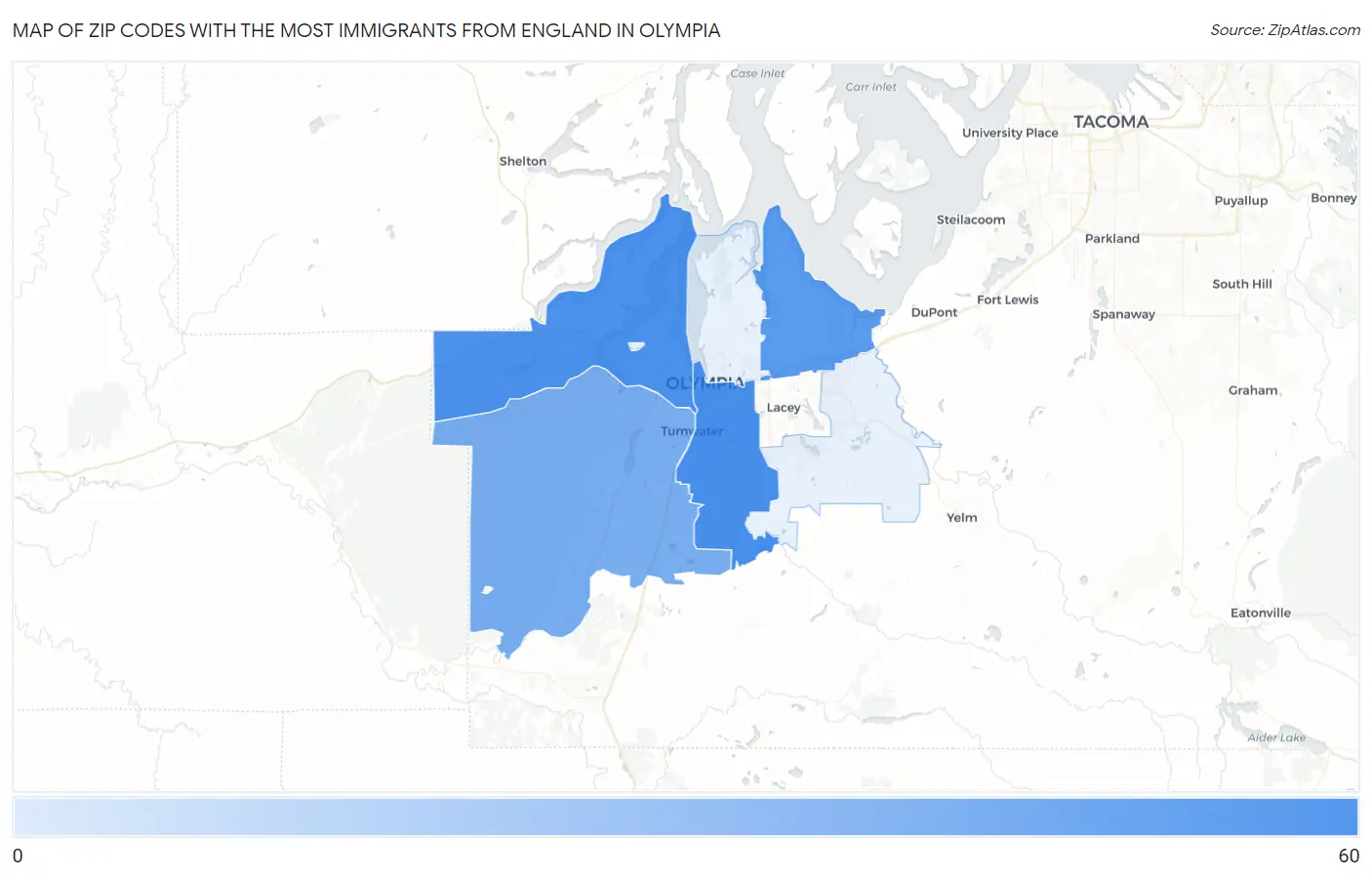 Zip Codes with the Most Immigrants from England in Olympia Map