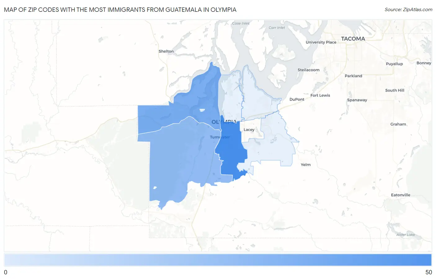Zip Codes with the Most Immigrants from Guatemala in Olympia Map