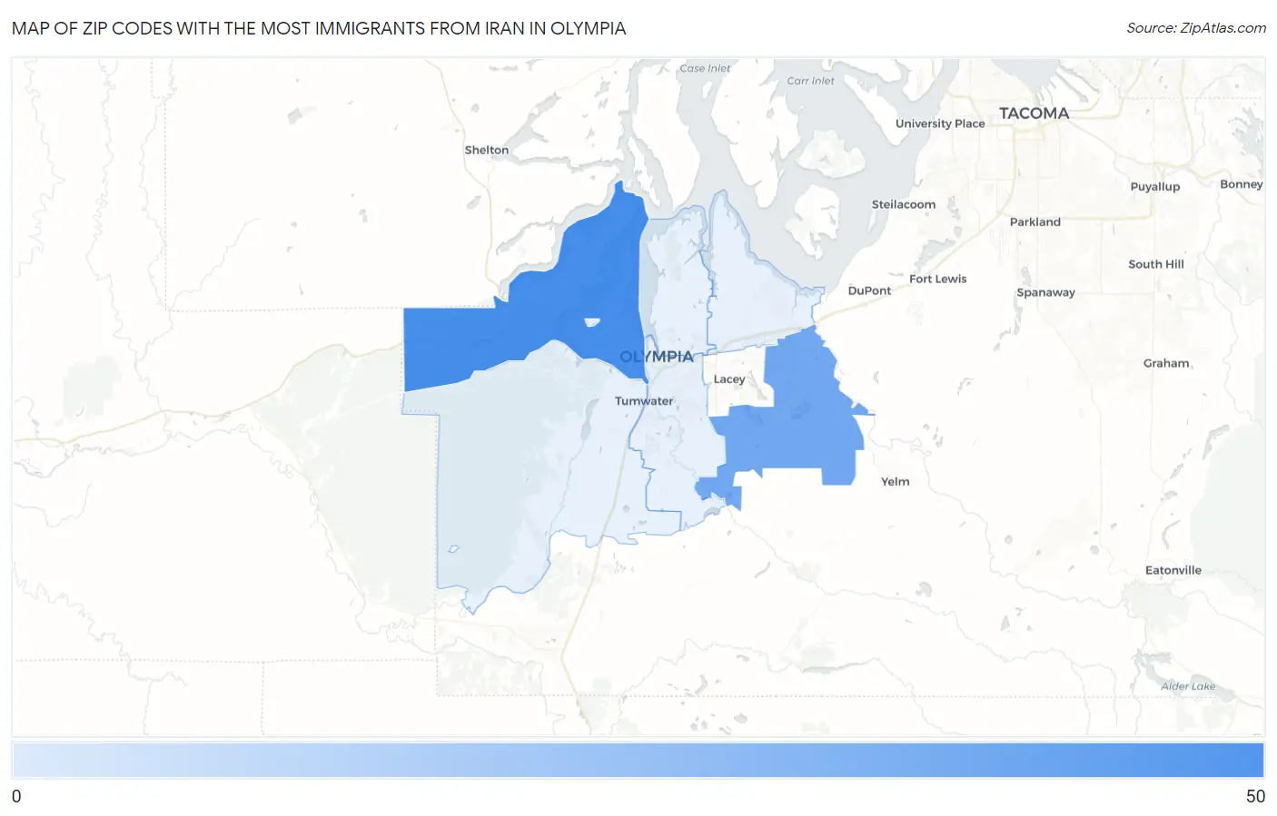 Zip Codes with the Most Immigrants from Iran in Olympia Map