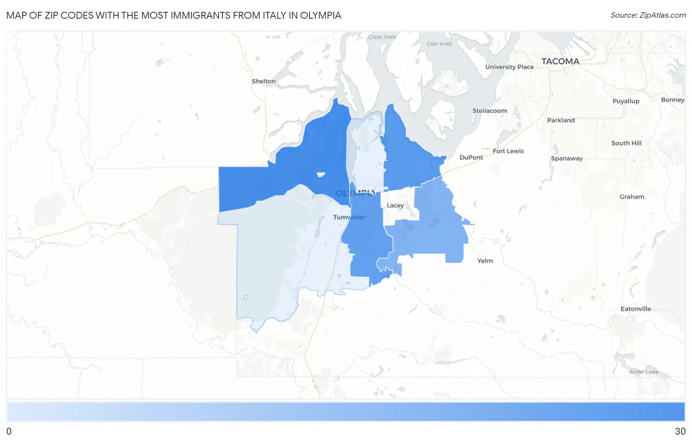 Zip Codes with the Most Immigrants from Italy in Olympia Map