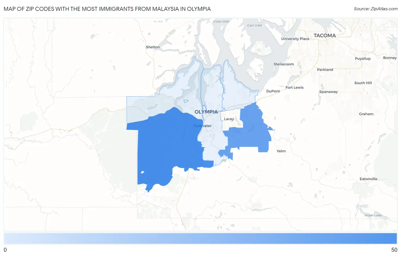 Zip Codes with the Most Immigrants from Malaysia in Olympia Map