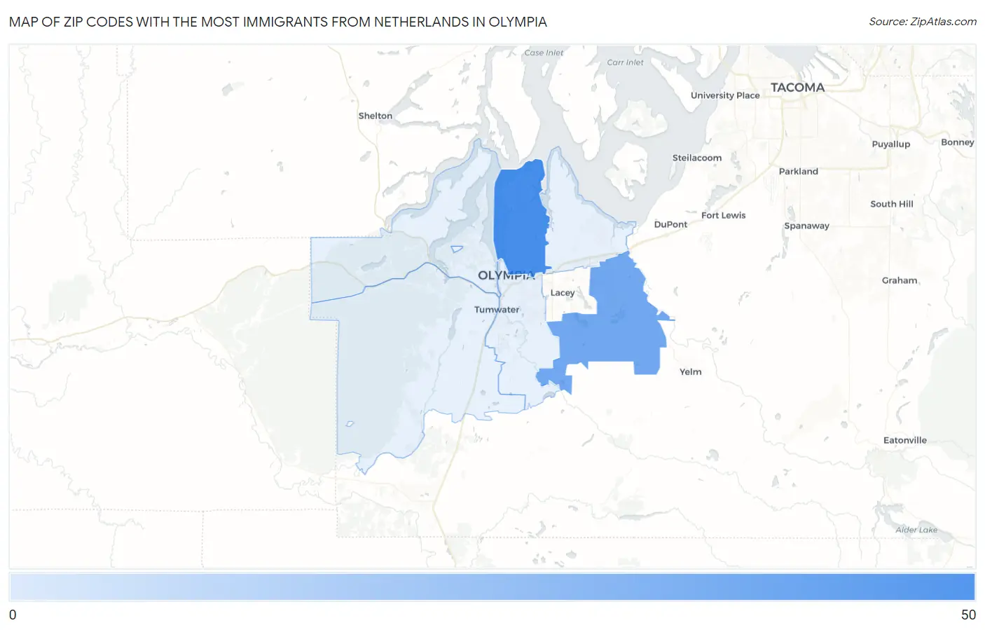 Zip Codes with the Most Immigrants from Netherlands in Olympia Map
