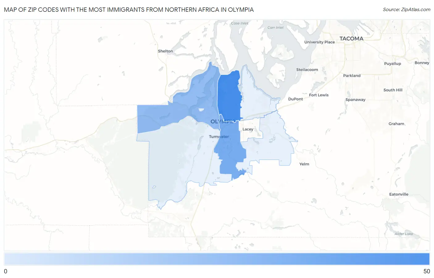 Zip Codes with the Most Immigrants from Northern Africa in Olympia Map