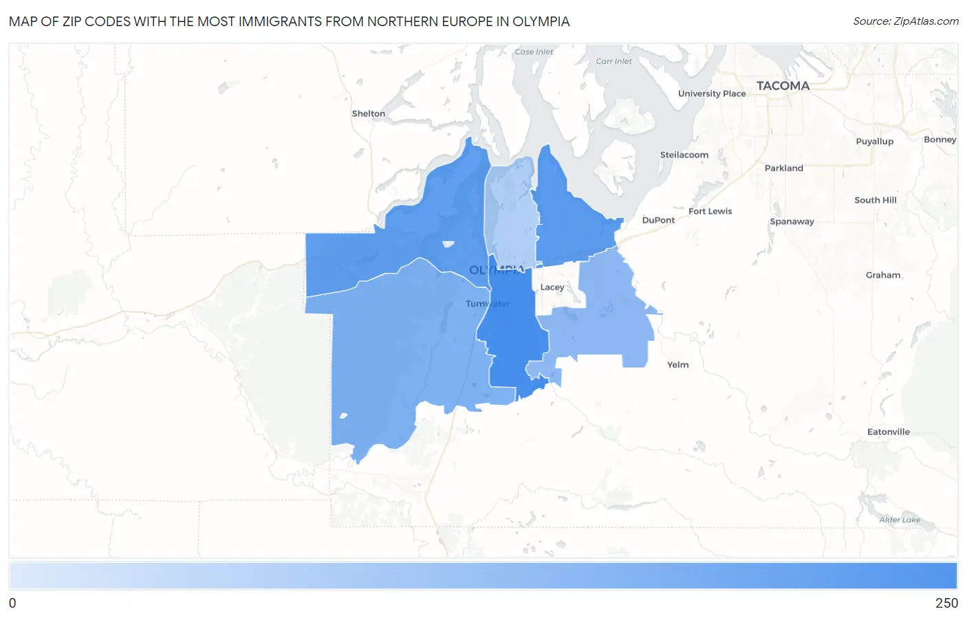 Zip Codes with the Most Immigrants from Northern Europe in Olympia Map