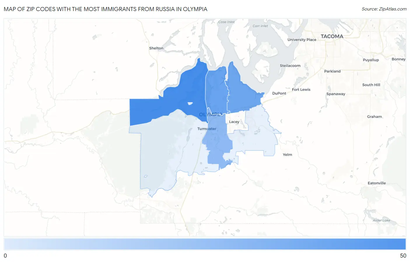 Zip Codes with the Most Immigrants from Russia in Olympia Map