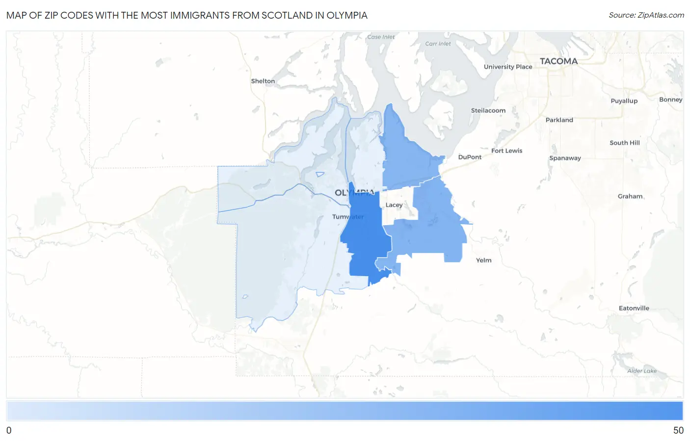 Zip Codes with the Most Immigrants from Scotland in Olympia Map