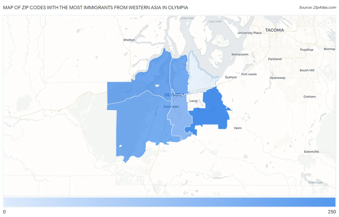 Zip Codes with the Most Immigrants from Western Asia in Olympia Map