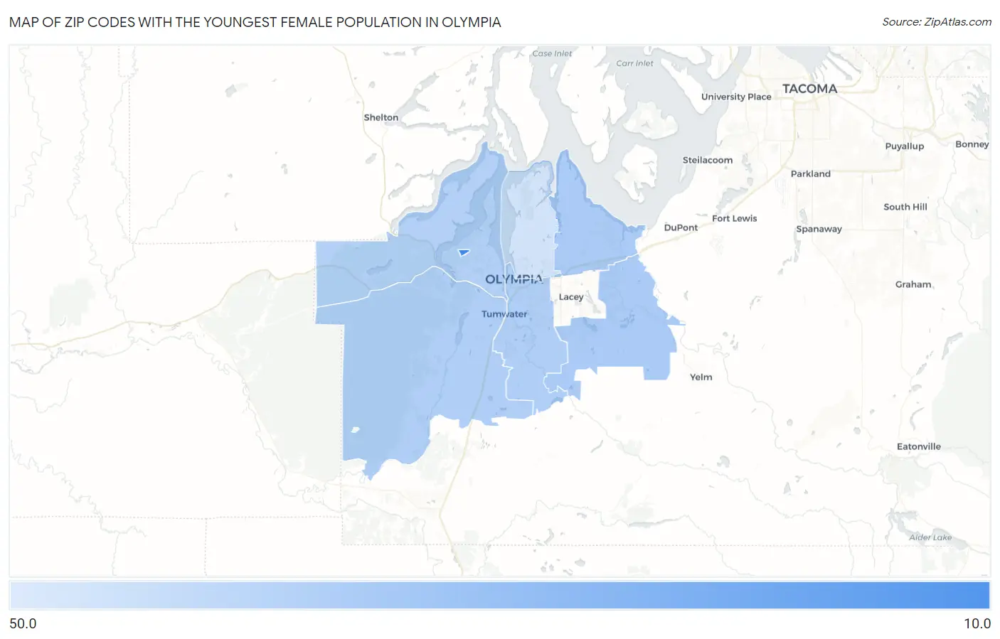 Zip Codes with the Youngest Female Population in Olympia Map