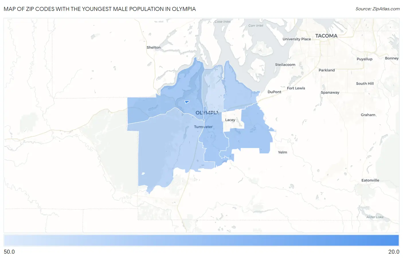 Zip Codes with the Youngest Male Population in Olympia Map