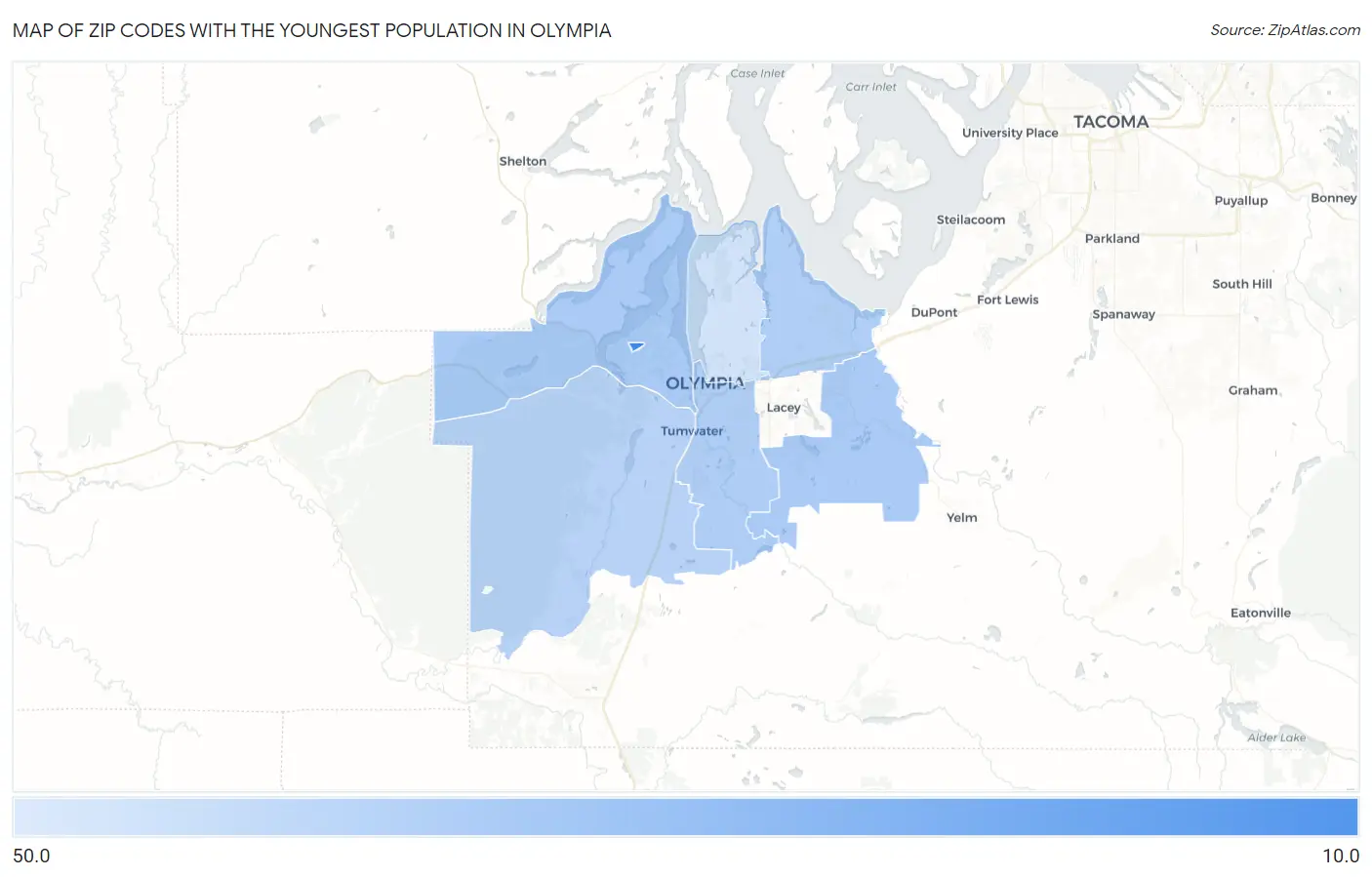 Zip Codes with the Youngest Population in Olympia Map