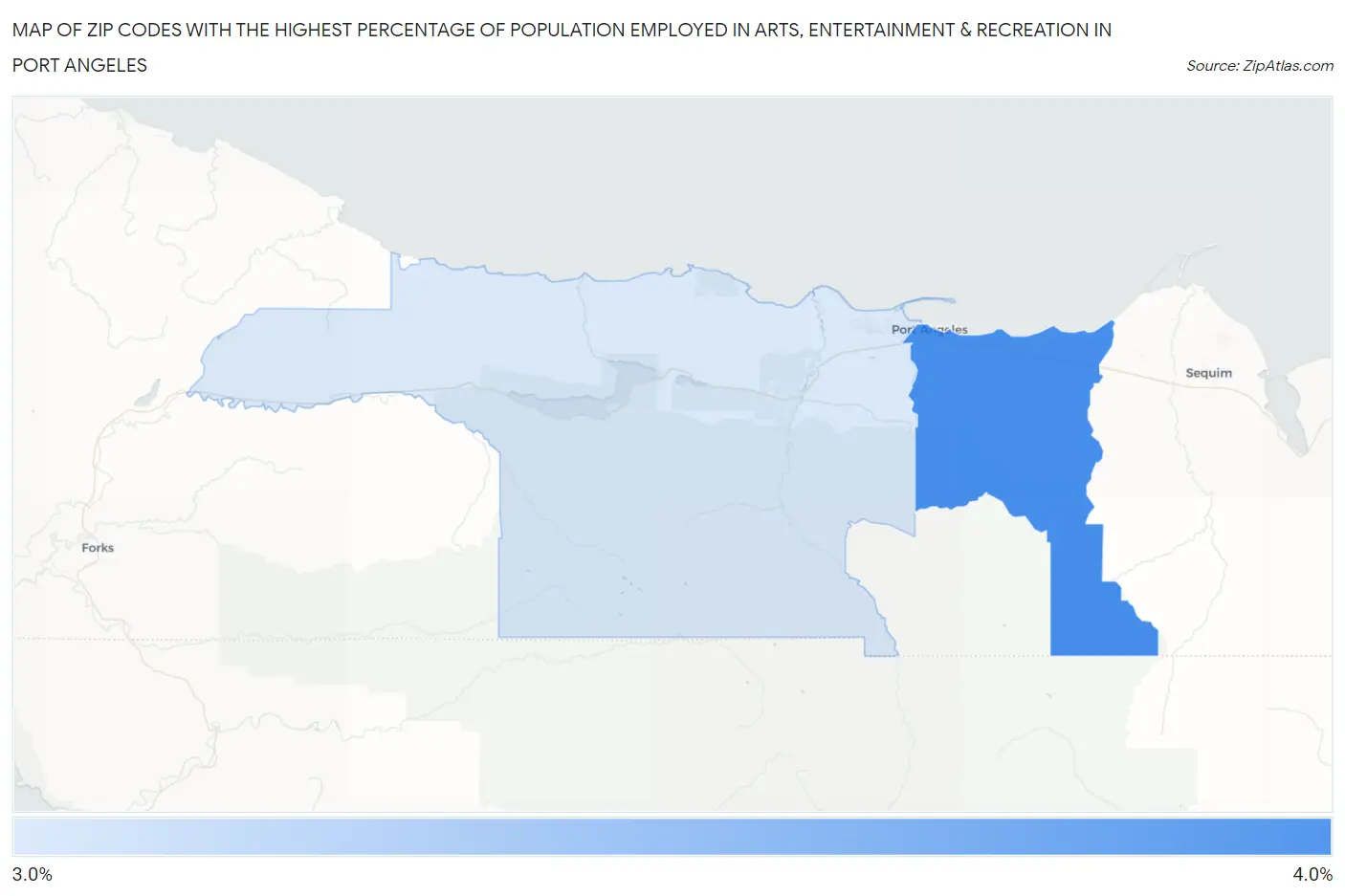 Zip Codes with the Highest Percentage of Population Employed in Arts, Entertainment & Recreation in Port Angeles Map