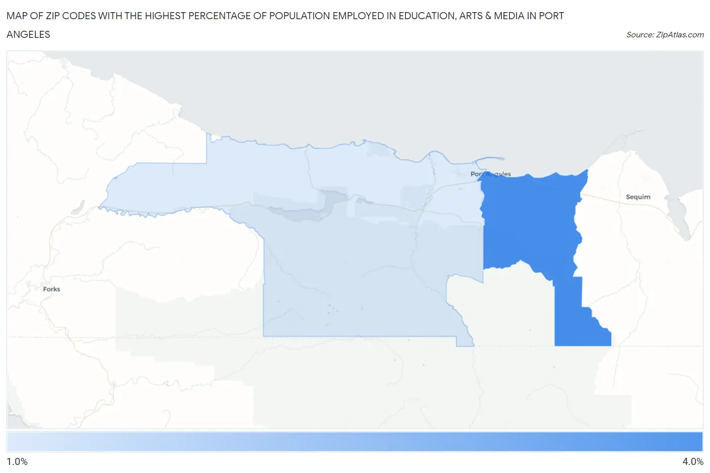 Zip Codes with the Highest Percentage of Population Employed in Education, Arts & Media in Port Angeles Map