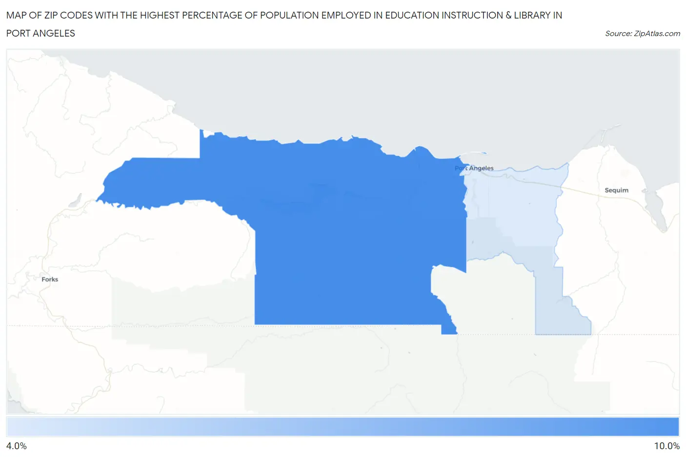 Zip Codes with the Highest Percentage of Population Employed in Education Instruction & Library in Port Angeles Map
