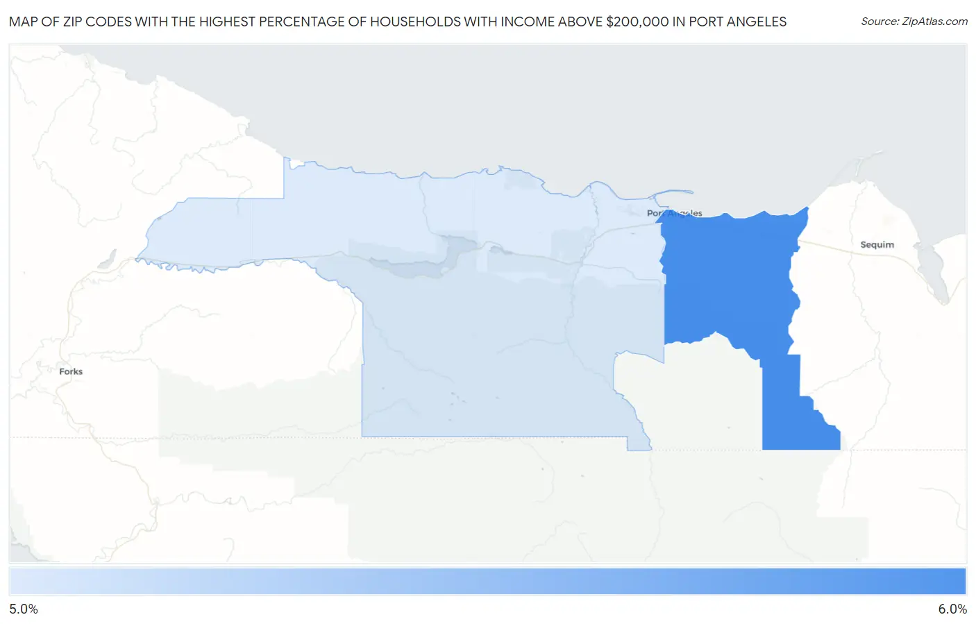 Zip Codes with the Highest Percentage of Households with Income Above $200,000 in Port Angeles Map