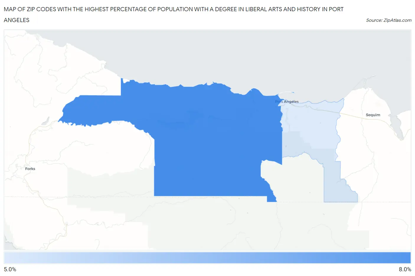 Zip Codes with the Highest Percentage of Population with a Degree in Liberal Arts and History in Port Angeles Map